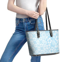 Pastel Blue Kahili Quilt Hawaii Leather Tote Bag Tropical Flower Seamless Half Style