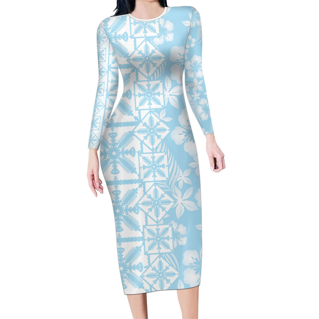 Pastel Blue Kahili Quilt Hawaii Long Sleeve Bodycon Dress Tropical Flower Seamless Half Style LT14 Long Dress Blue - Polynesian Pride