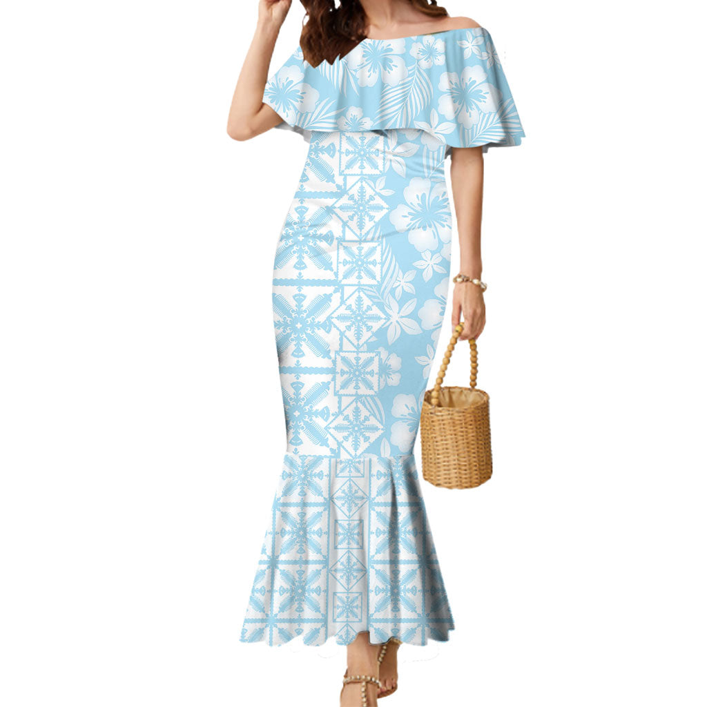 Pastel Blue Kahili Quilt Hawaii Mermaid Dress Tropical Flower Seamless Half Style LT14 Women Blue - Polynesian Pride