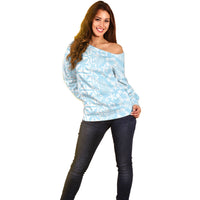 Pastel Blue Kahili Quilt Hawaii Off Shoulder Sweater Tropical Flower Seamless Half Style