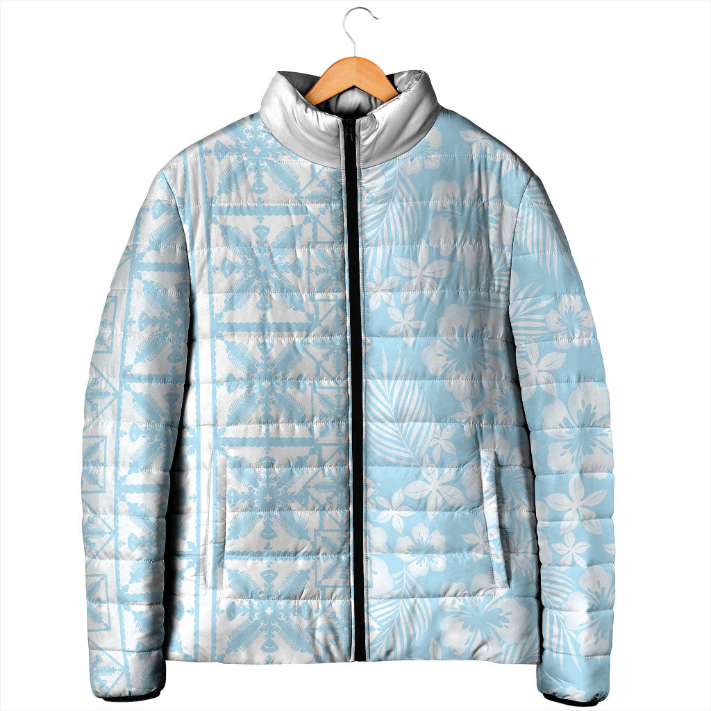Pastel Blue Kahili Quilt Hawaii Padded Jacket Tropical Flower Seamless Half Style