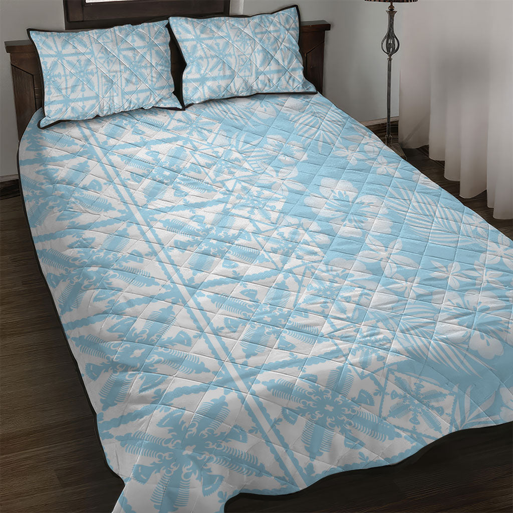 Pastel Blue Kahili Quilt Hawaii Quilt Bed Set Tropical Flower Seamless Half Style