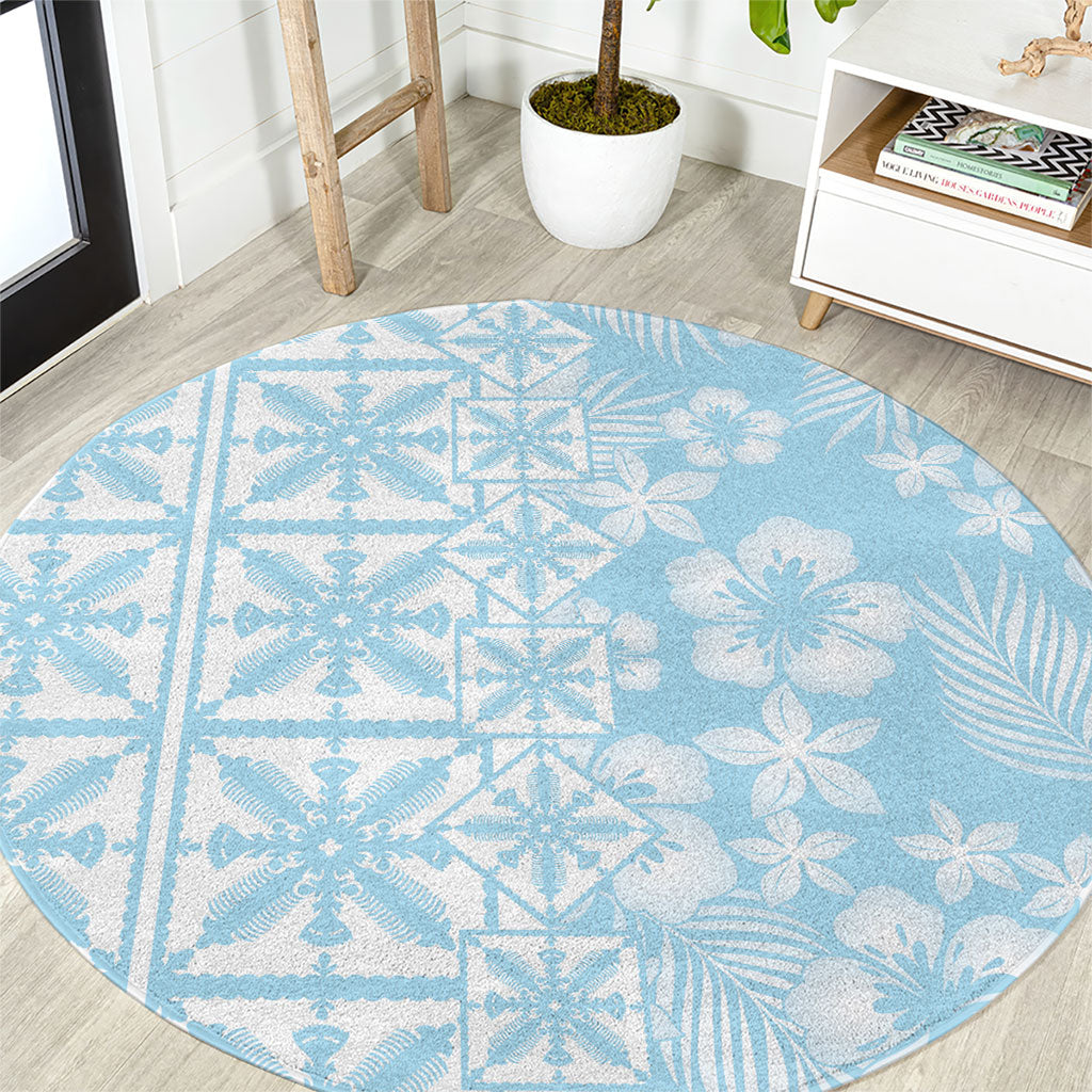 Pastel Blue Kahili Quilt Hawaii Round Carpet Tropical Flower Seamless Half Style LT14 Blue - Polynesian Pride