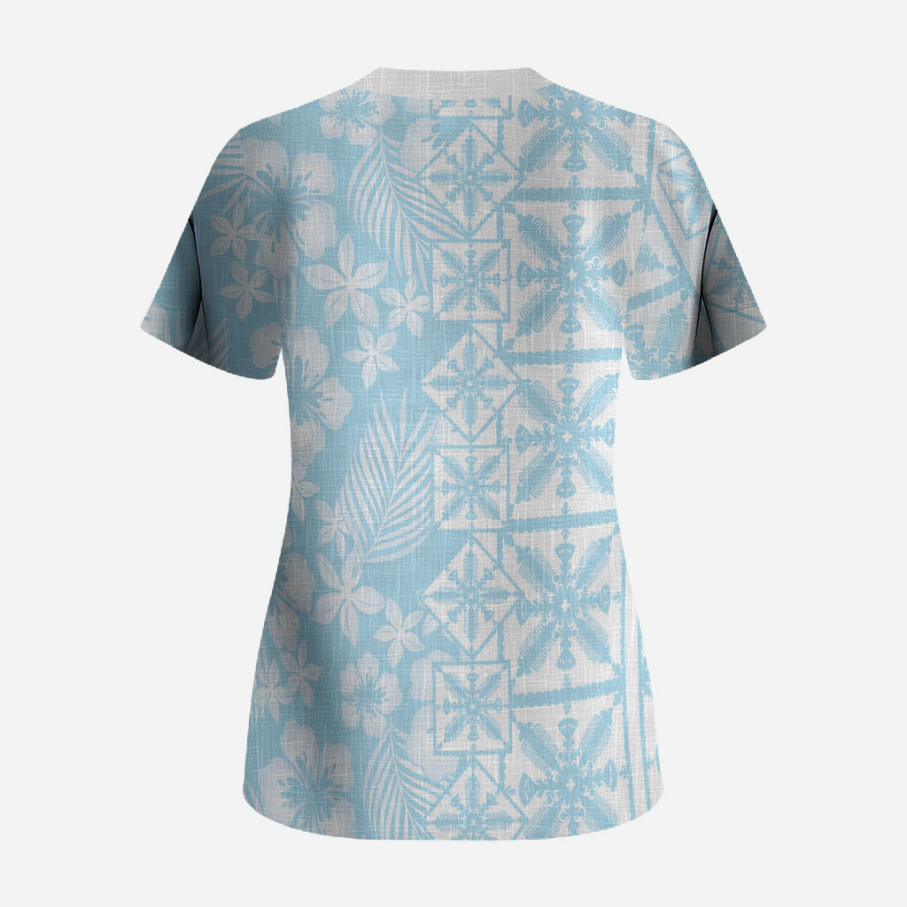 Pastel Blue Kahili Quilt Hawaii Scrub Top Tropical Flower Seamless Half Style