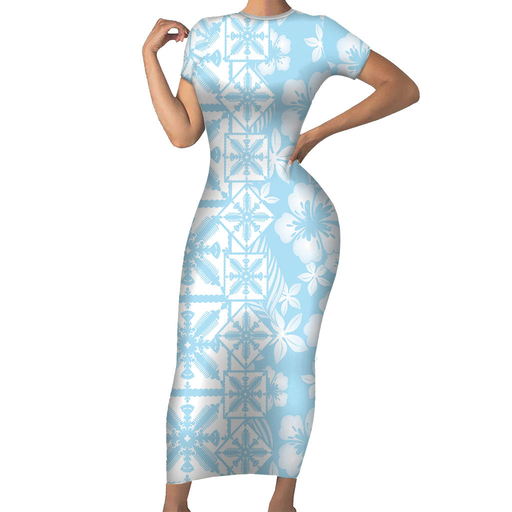 Pastel Blue Kahili Quilt Hawaii Short Sleeve Bodycon Dress Tropical Flower Seamless Half Style LT14 Long Dress Blue - Polynesian Pride