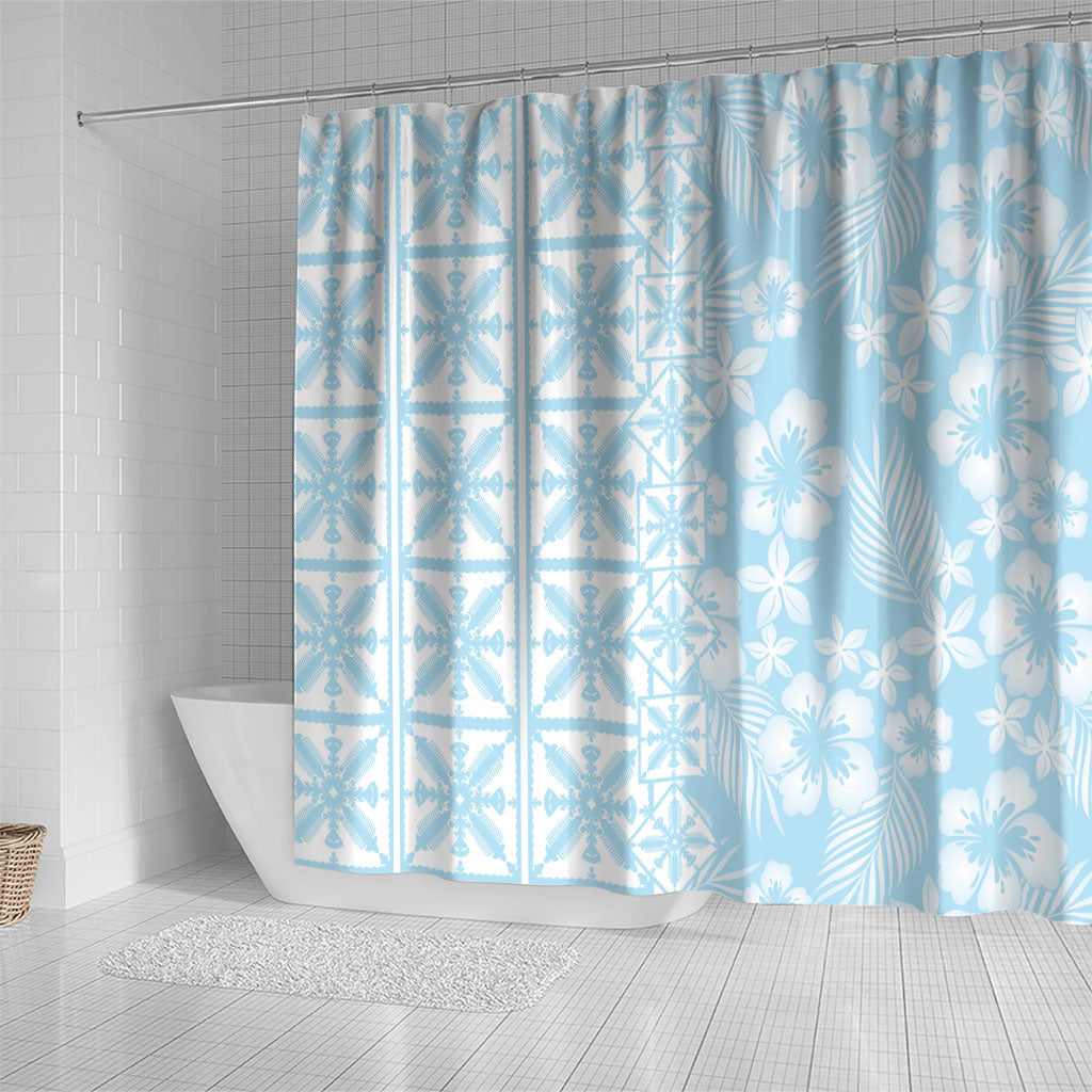 Pastel Blue Kahili Quilt Hawaii Shower Curtain Tropical Flower Seamless Half Style