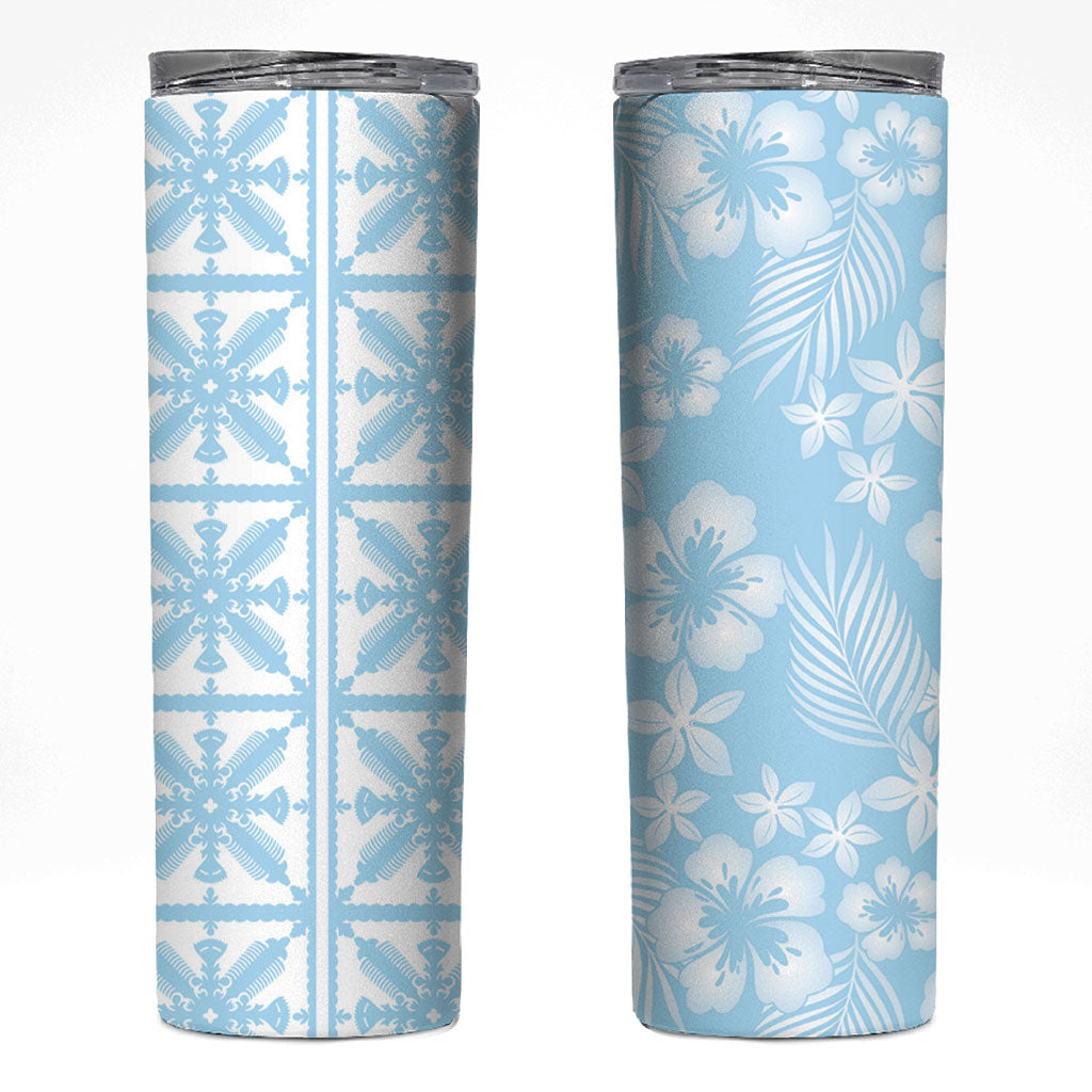 Pastel Blue Kahili Quilt Hawaii Skinny Tumbler Tropical Flower Seamless Half Style LT14 Blue - Polynesian Pride