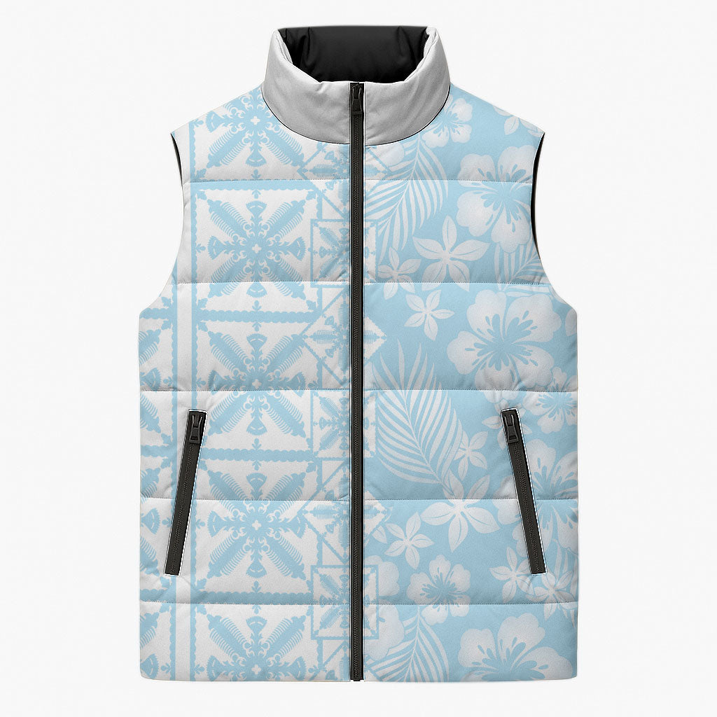 Pastel Blue Kahili Quilt Hawaii Sleeveless Puffer Jacket Tropical Flower Seamless Half Style LT14 Unisex Blue - Polynesian Pride