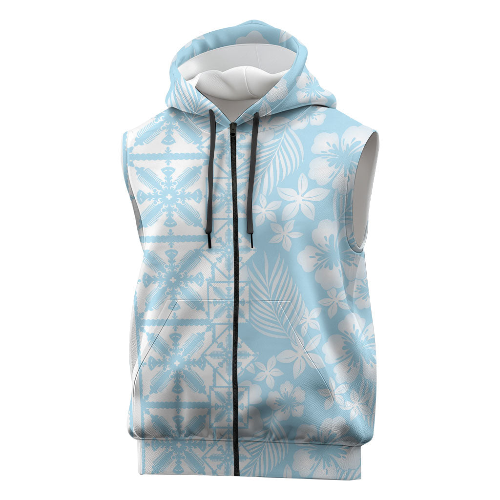 Pastel Blue Kahili Quilt Hawaii Sleeveless Zip Hoodie Tropical Flower Seamless Half Style LT14 Blue - Polynesian Pride