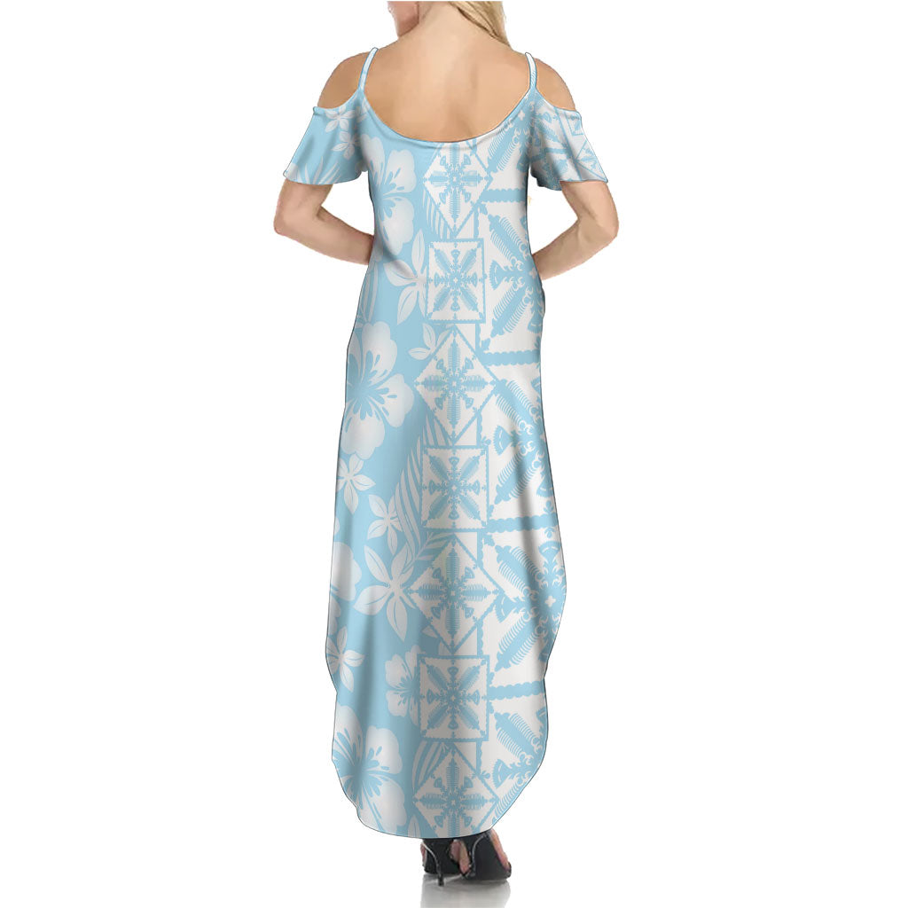 Pastel Blue Kahili Quilt Hawaii Summer Maxi Dress Tropical Flower Seamless Half Style