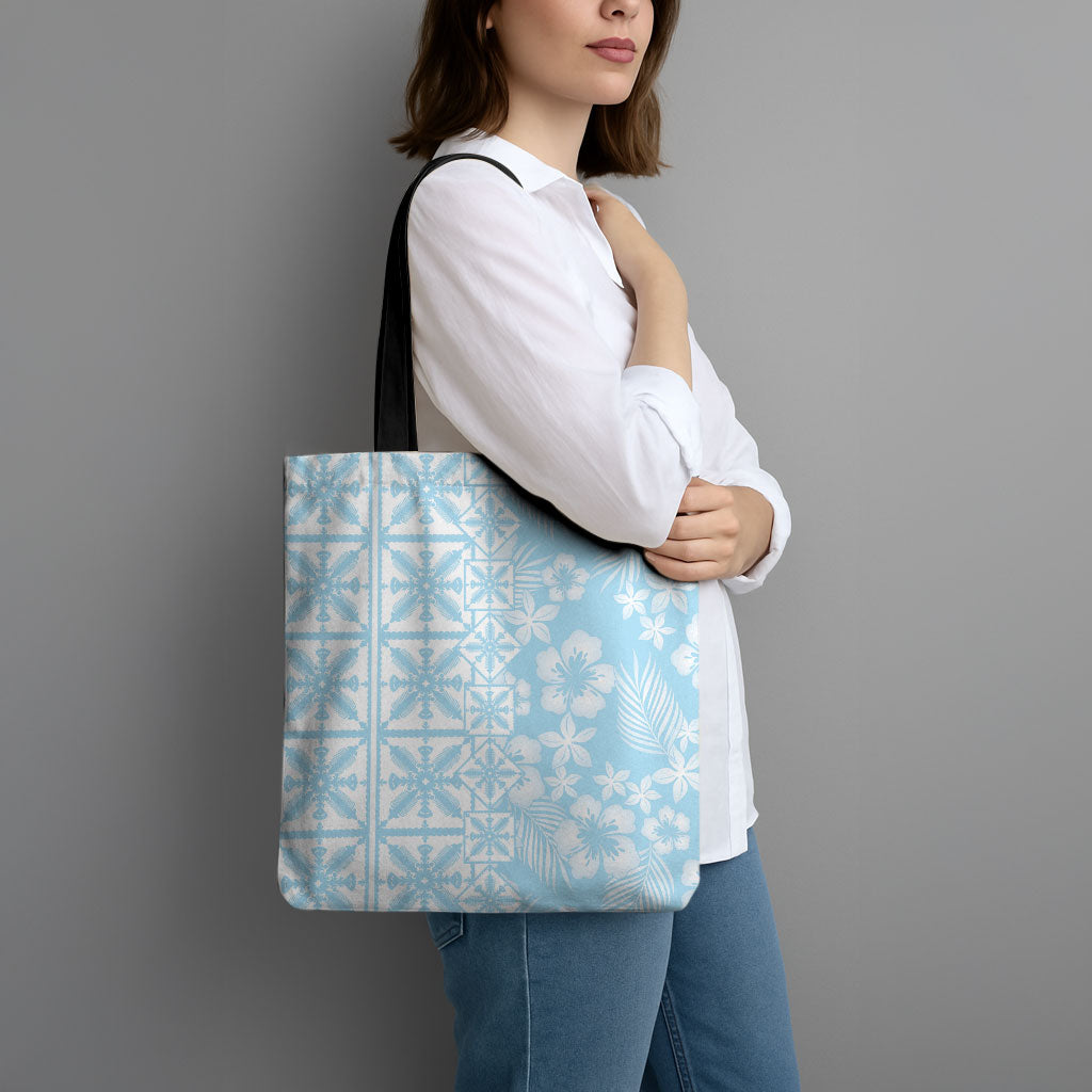 Pastel Blue Kahili Quilt Hawaii Tote Bag Tropical Flower Seamless Half Style