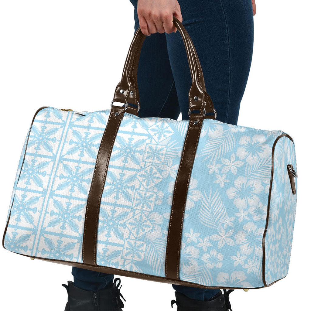 Pastel Blue Kahili Quilt Hawaii Travel Bag Tropical Flower Seamless Half Style