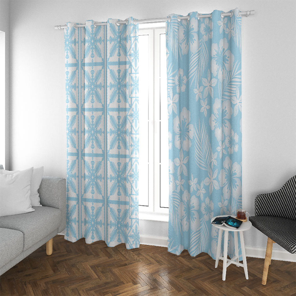 Pastel Blue Kahili Quilt Hawaii Window Curtain Tropical Flower Seamless Half Style
