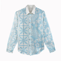 Pastel Blue Kahili Quilt Hawaii Women Casual Shirt Tropical Flower Seamless Half Style