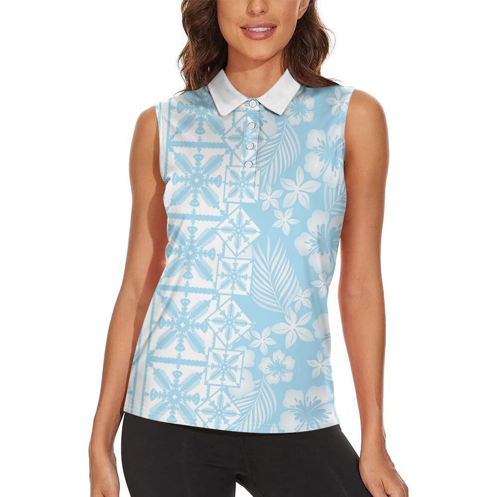 Pastel Blue Kahili Quilt Hawaii Women Sleeveless Polo Shirt Tropical Flower Seamless Half Style