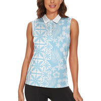 Pastel Blue Kahili Quilt Hawaii Women Sleeveless Polo Shirt Tropical Flower Seamless Half Style
