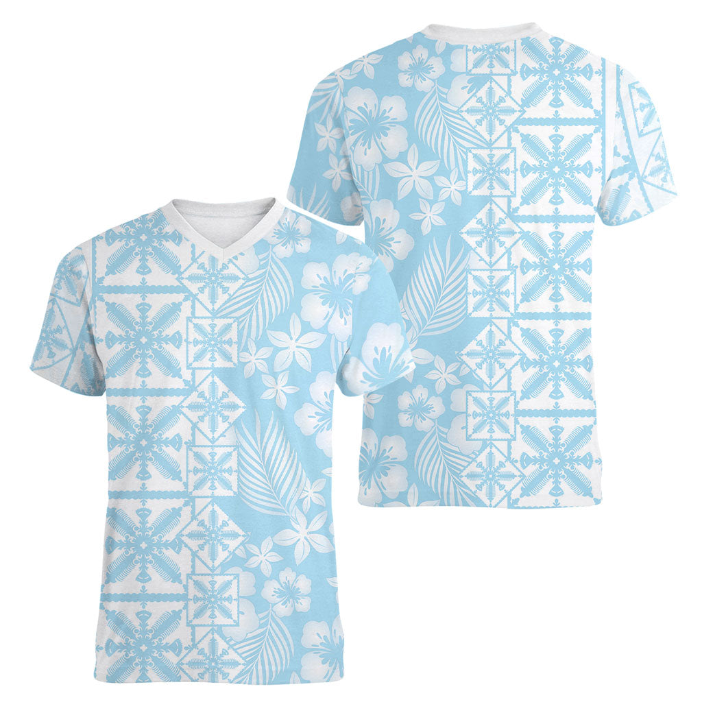 Pastel Blue Kahili Quilt Hawaii Women V-Neck T-Shirt Tropical Flower Seamless Half Style