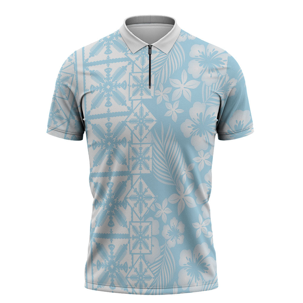Pastel Blue Kahili Quilt Hawaii Zipper Polo Shirt Tropical Flower Seamless Half Style LT14 Blue - Polynesian Pride
