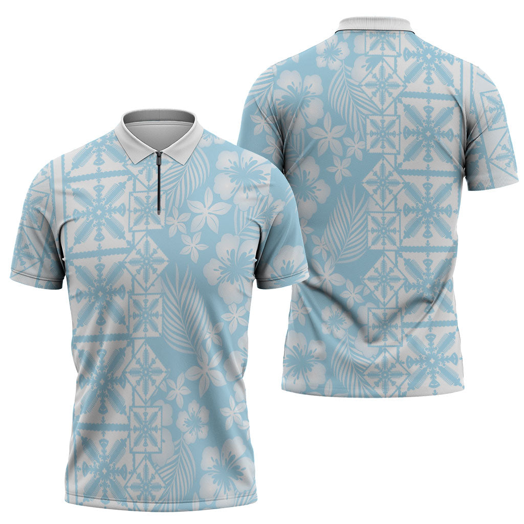 Pastel Blue Kahili Quilt Hawaii Zipper Polo Shirt Tropical Flower Seamless Half Style