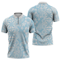 Pastel Blue Kahili Quilt Hawaii Zipper Polo Shirt Tropical Flower Seamless Half Style