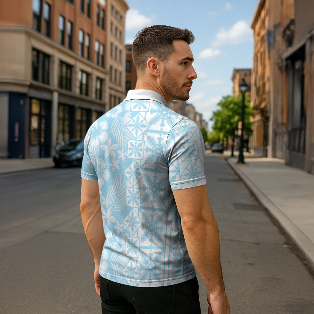 Pastel Blue Kahili Quilt Hawaii Zipper Polo Shirt Tropical Flower Seamless Half Style