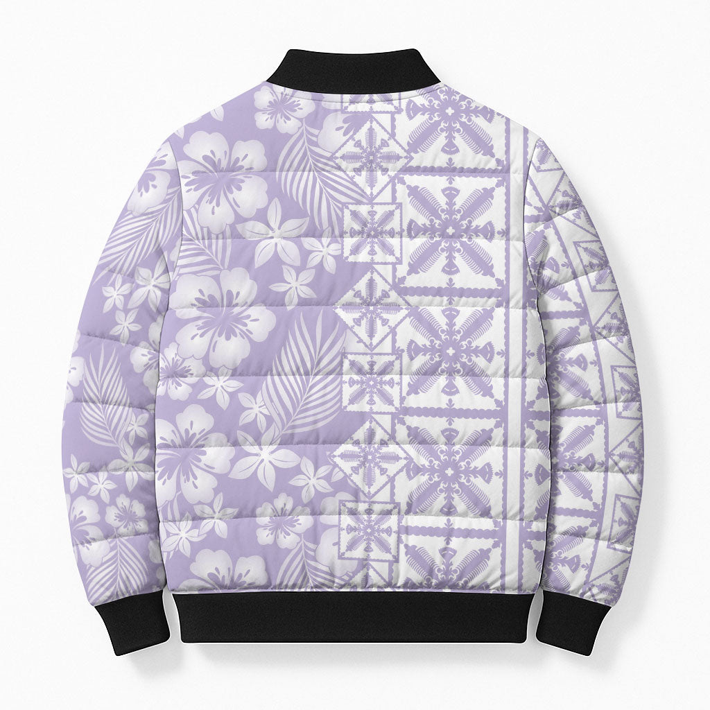 Pastel Purple Kahili Quilt Hawaii Bomber Puffer Jacket Tropical Flower Seamless Half Style