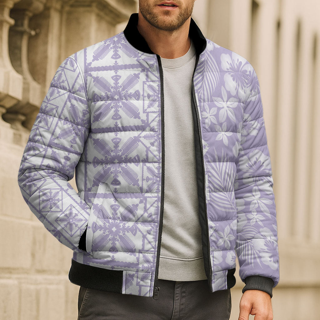 Pastel Purple Kahili Quilt Hawaii Bomber Puffer Jacket Tropical Flower Seamless Half Style