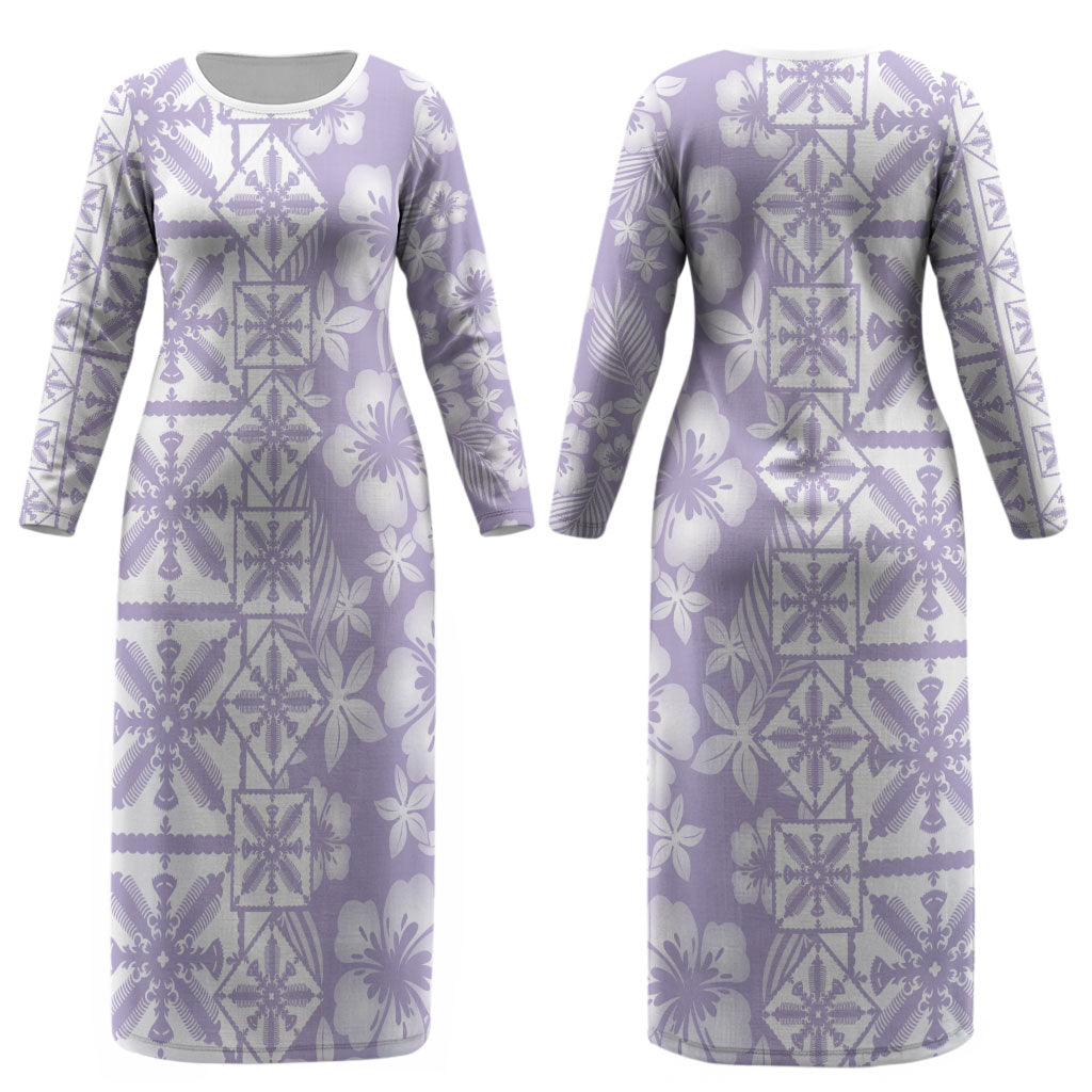 Pastel Purple Kahili Quilt Hawaii Couples Matching Long Sleeve Bodycon Dress and Hawaiian Shirt Tropical Flower Seamless Half Style LT14 - Polynesian Pride