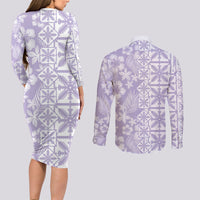 Pastel Purple Kahili Quilt Hawaii Couples Matching Long Sleeve Bodycon Dress and Long Sleeve Button Shirt Tropical Flower Seamless Half Style