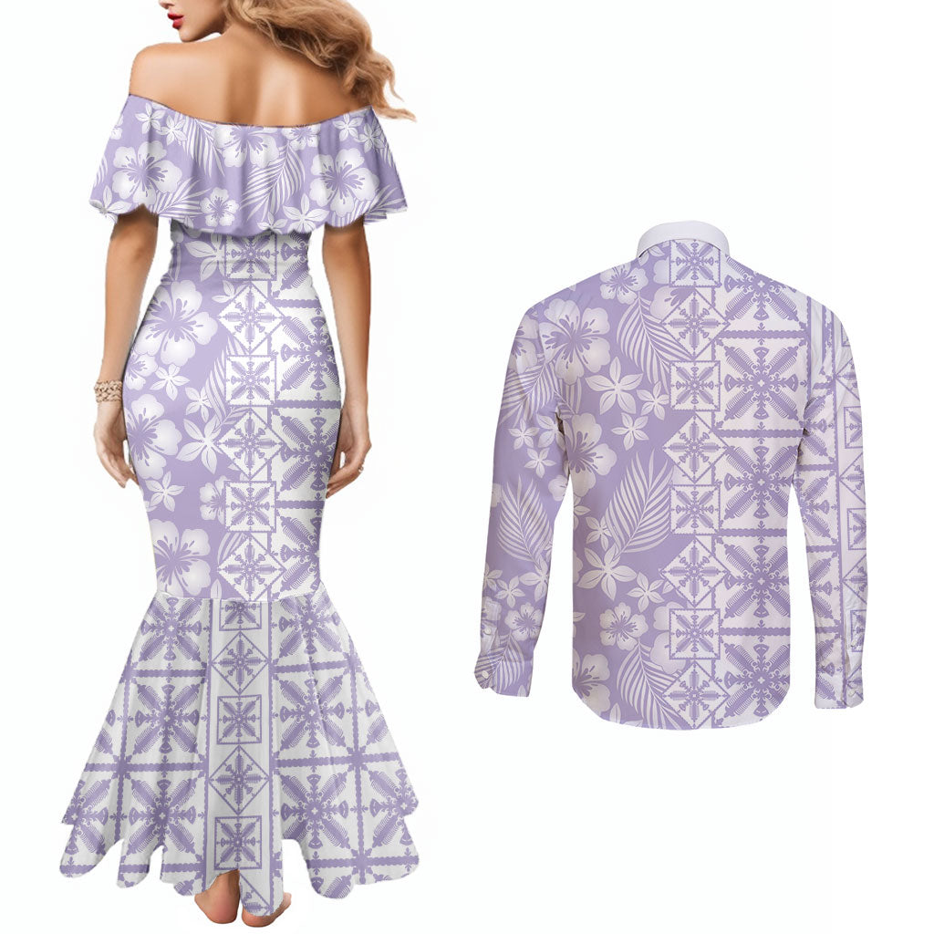 Pastel Purple Kahili Quilt Hawaii Couples Matching Mermaid Dress and Long Sleeve Button Shirt Tropical Flower Seamless Half Style