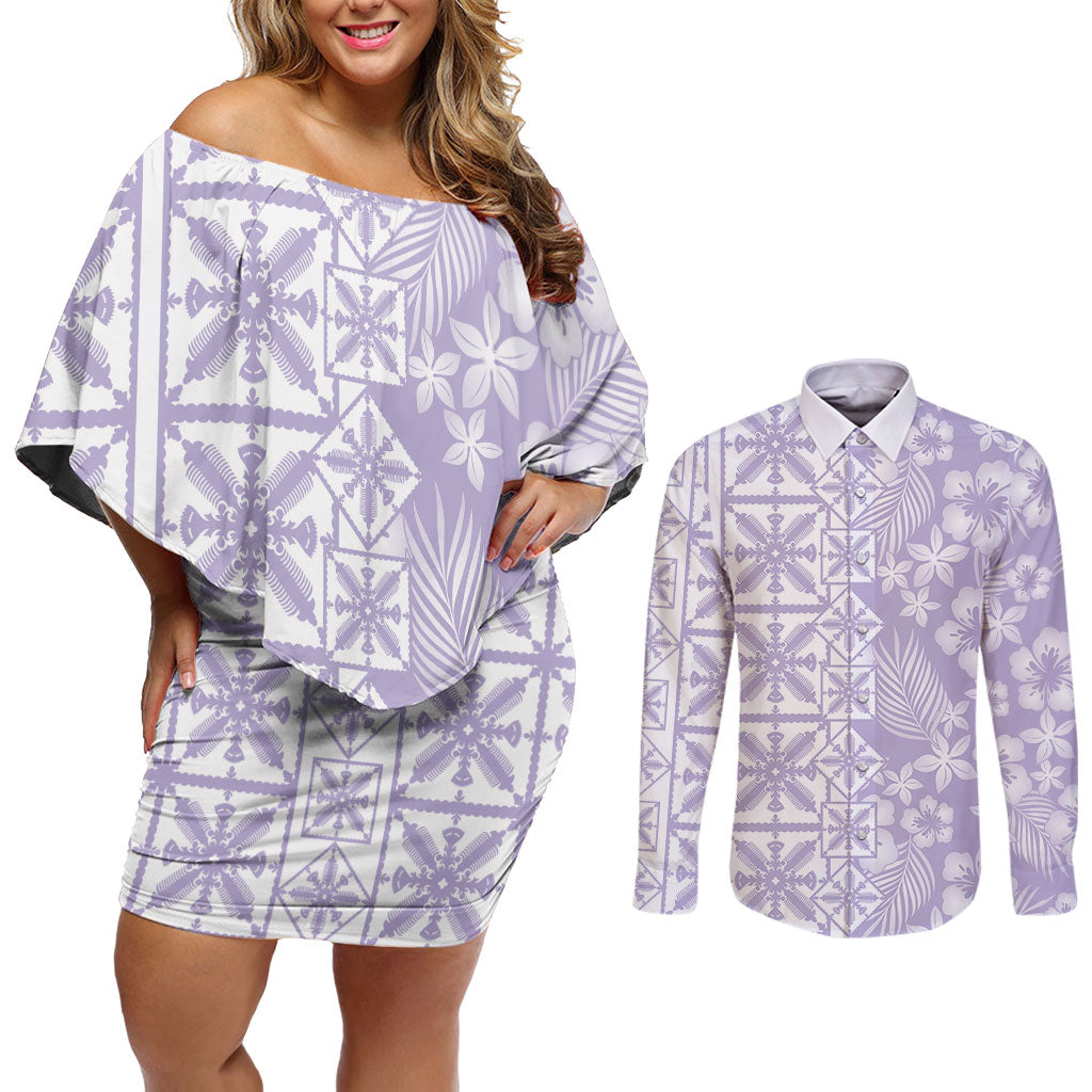 Pastel Purple Kahili Quilt Hawaii Couples Matching Off Shoulder Short Dress and Long Sleeve Button Shirt Tropical Flower Seamless Half Style