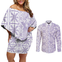 Pastel Purple Kahili Quilt Hawaii Couples Matching Off Shoulder Short Dress and Long Sleeve Button Shirt Tropical Flower Seamless Half Style