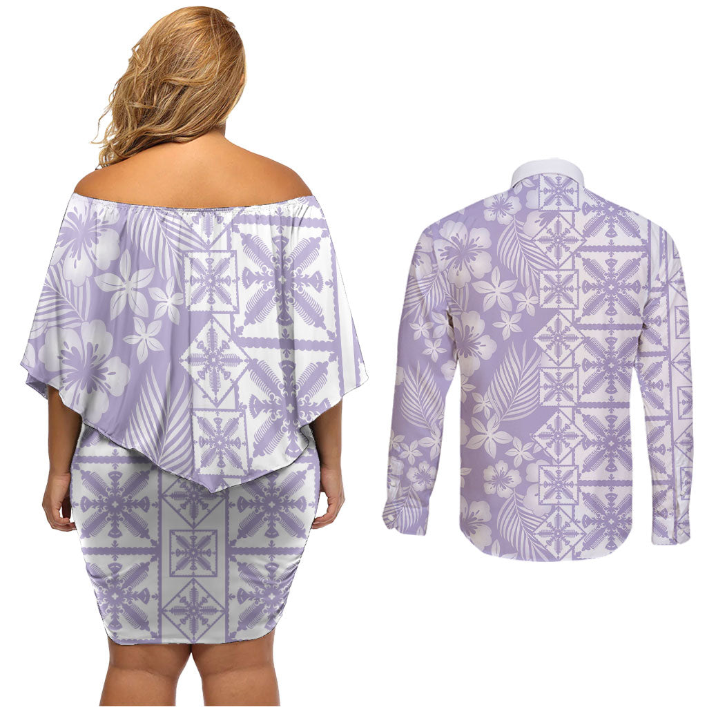 Pastel Purple Kahili Quilt Hawaii Couples Matching Off Shoulder Short Dress and Long Sleeve Button Shirt Tropical Flower Seamless Half Style