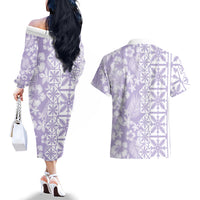 Pastel Purple Kahili Quilt Hawaii Couples Matching Off The Shoulder Long Sleeve Dress and Hawaiian Shirt Tropical Flower Seamless Half Style