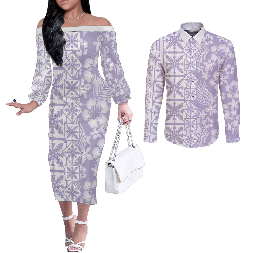 Pastel Purple Kahili Quilt Hawaii Couples Matching Off The Shoulder Long Sleeve Dress and Long Sleeve Button Shirt Tropical Flower Seamless Half Style