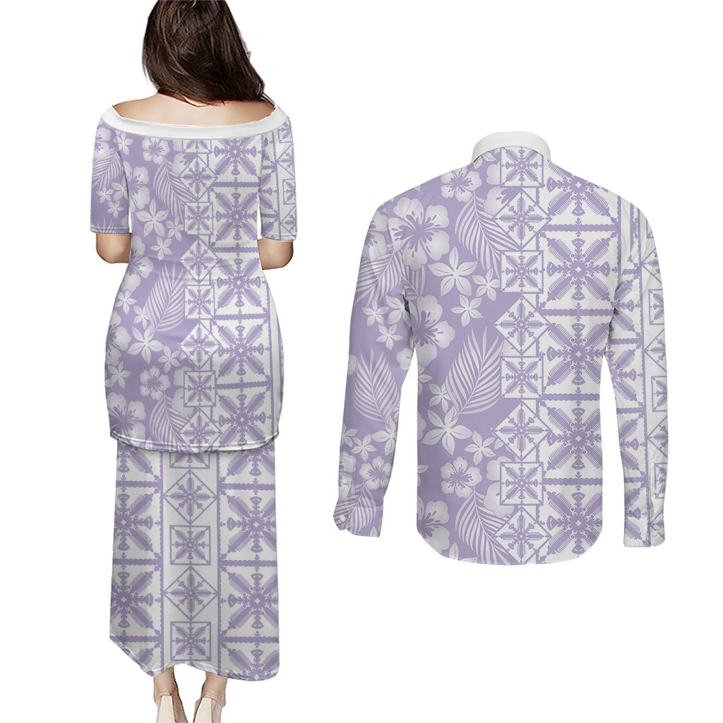 Pastel Purple Kahili Quilt Hawaii Couples Matching Puletasi and Long Sleeve Button Shirt Tropical Flower Seamless Half Style