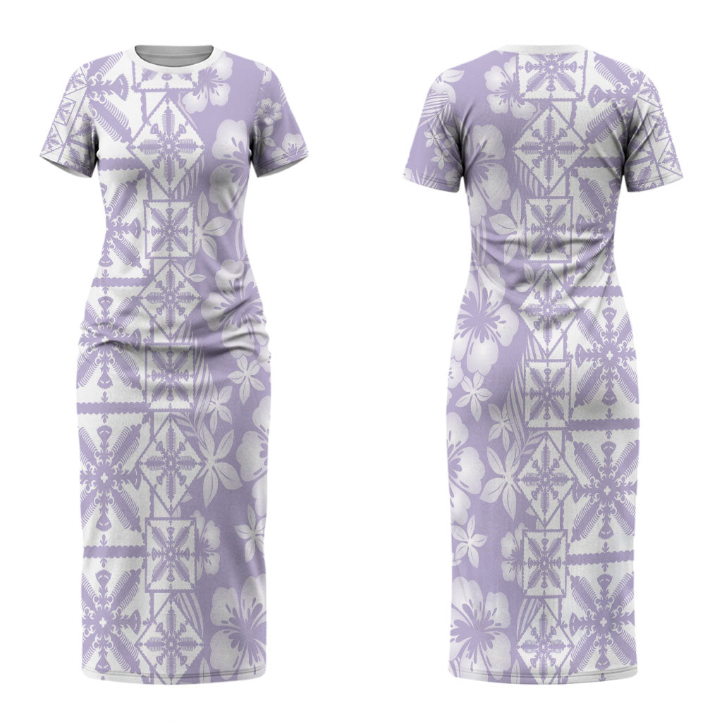 Pastel Purple Kahili Quilt Hawaii Couples Matching Short Sleeve Bodycon Dress and Hawaiian Shirt Tropical Flower Seamless Half Style LT14 - Polynesian Pride