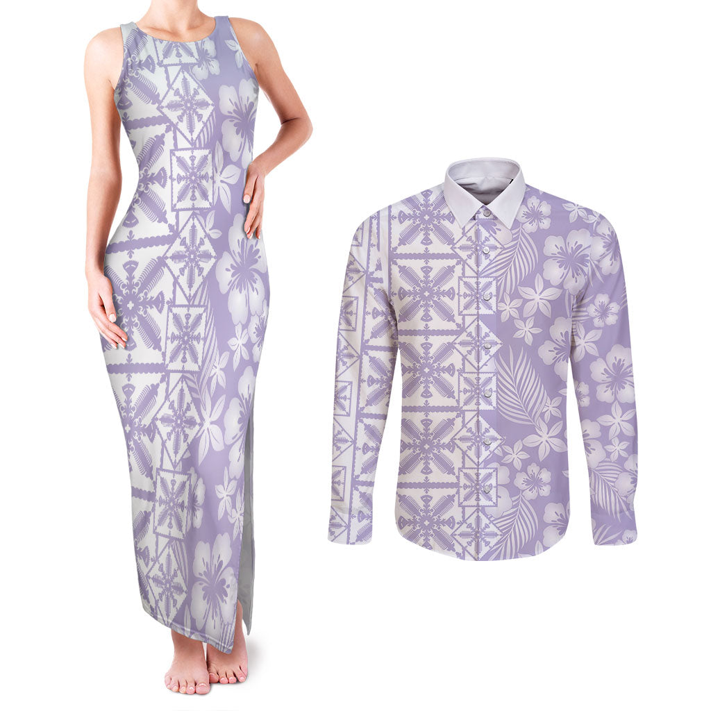 Pastel Purple Kahili Quilt Hawaii Couples Matching Tank Maxi Dress and Long Sleeve Button Shirt Tropical Flower Seamless Half Style LT14 Purple - Polynesian Pride