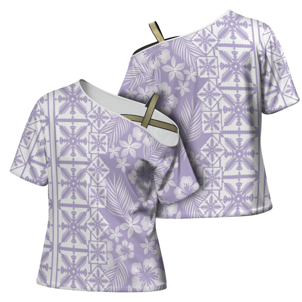 Pastel Purple Kahili Quilt Hawaii Cross Shoulder Shirt Tropical Flower Seamless Half Style