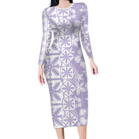 Pastel Purple Kahili Quilt Hawaii Family Matching Long Sleeve Bodycon Dress and Hawaiian Shirt Tropical Flower Seamless Half Style