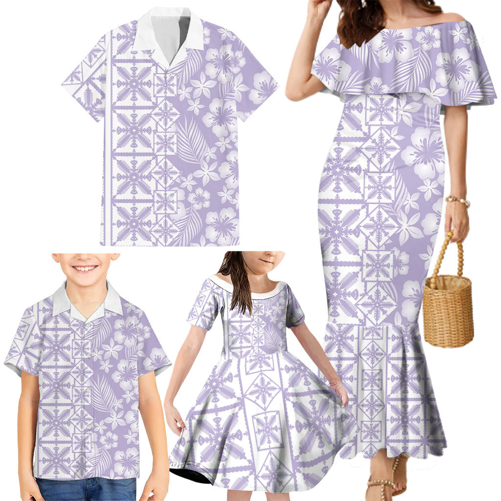 Pastel Purple Kahili Quilt Hawaii Family Matching Mermaid Dress and Hawaiian Shirt Tropical Flower Seamless Half Style