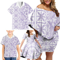 Pastel Purple Kahili Quilt Hawaii Family Matching Off Shoulder Short Dress and Hawaiian Shirt Tropical Flower Seamless Half Style