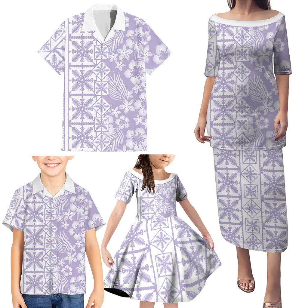 Pastel Purple Kahili Quilt Hawaii Family Matching Puletasi and Hawaiian Shirt Tropical Flower Seamless Half Style