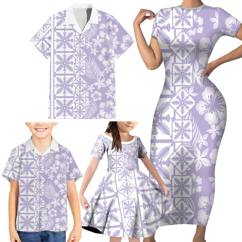 Pastel Purple Kahili Quilt Hawaii Family Matching Short Sleeve Bodycon Dress and Hawaiian Shirt Tropical Flower Seamless Half Style LT14 - Polynesian Pride