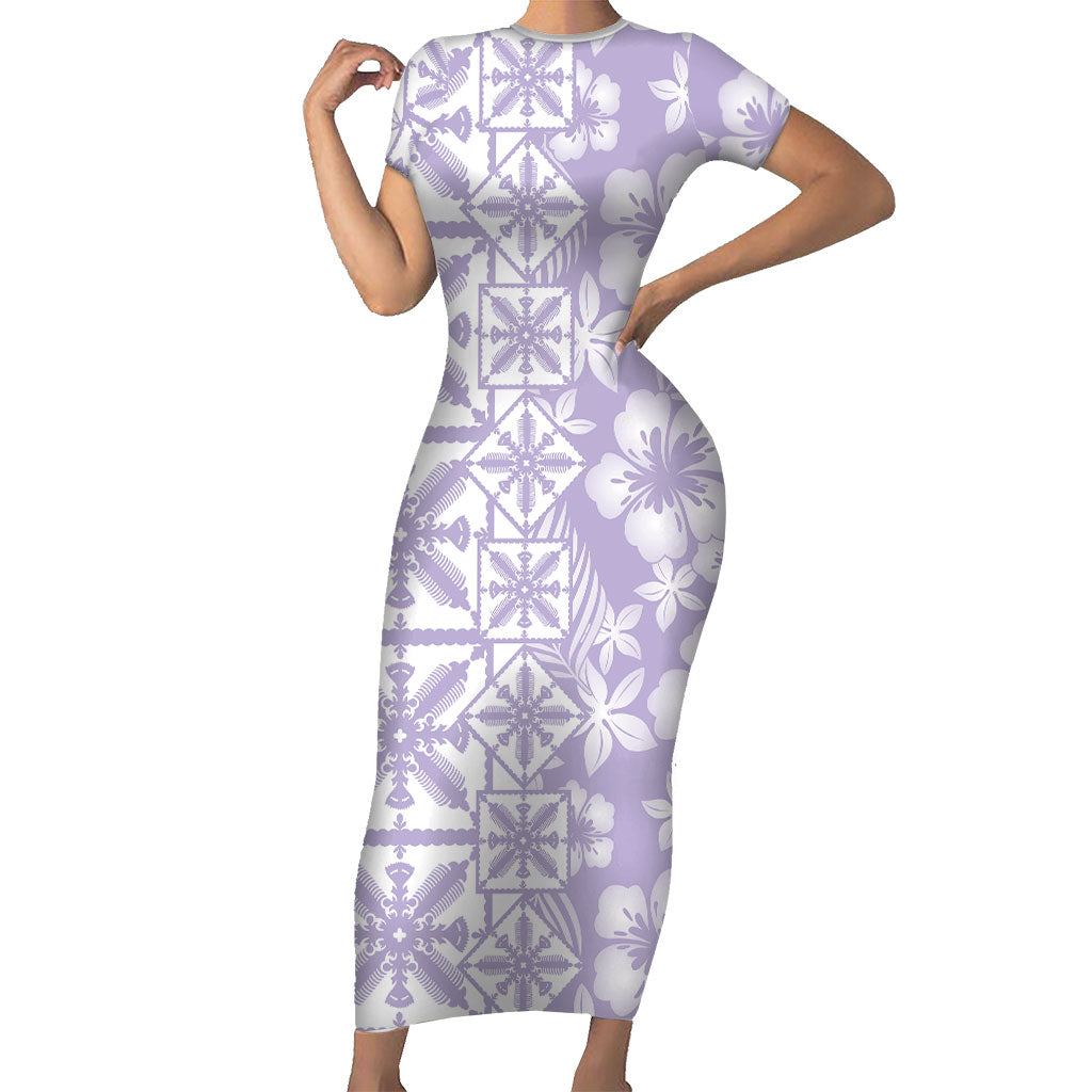 Pastel Purple Kahili Quilt Hawaii Family Matching Short Sleeve Bodycon Dress and Hawaiian Shirt Tropical Flower Seamless Half Style