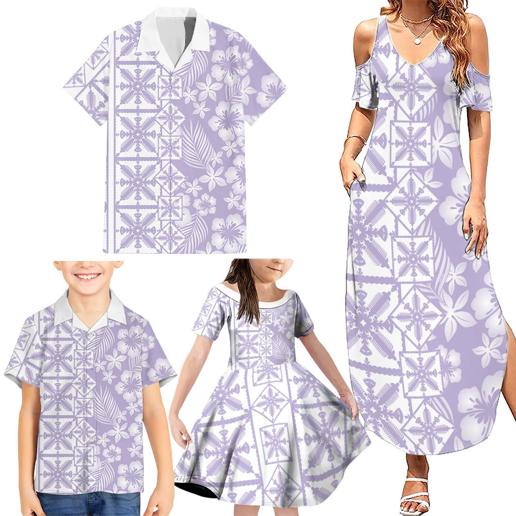 Pastel Purple Kahili Quilt Hawaii Family Matching Summer Maxi Dress and Hawaiian Shirt Tropical Flower Seamless Half Style