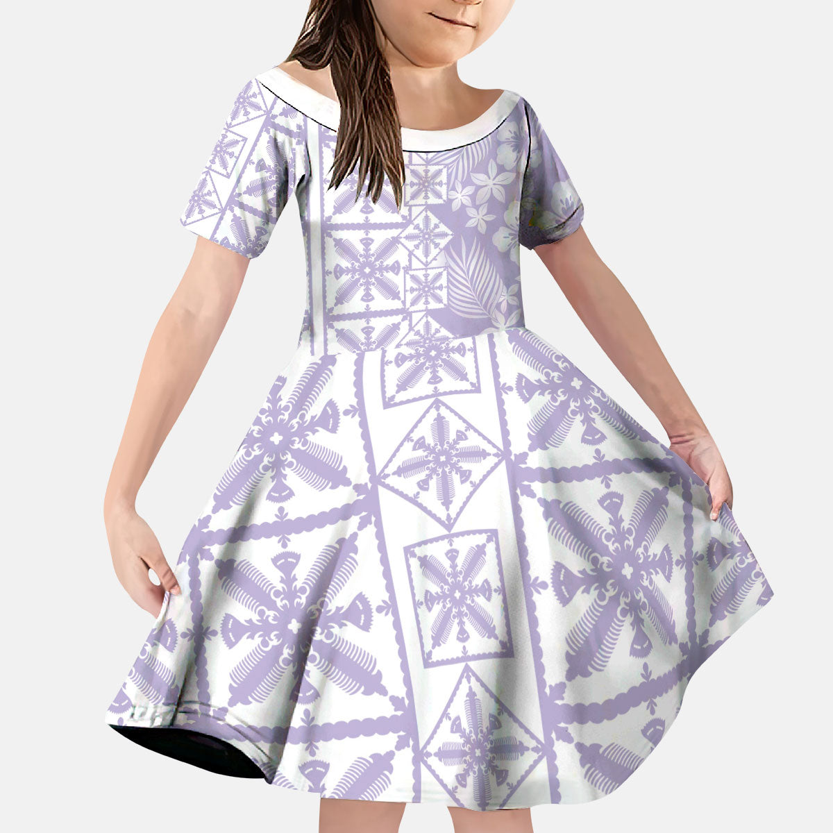 Pastel Purple Kahili Quilt Hawaii Kid Short Sleeve Dress Tropical Flower Seamless Half Style LT14 KID Purple - Polynesian Pride