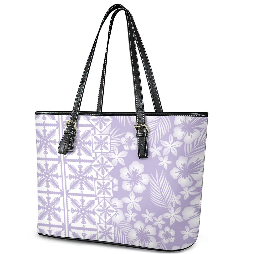 Pastel Purple Kahili Quilt Hawaii Leather Tote Bag Tropical Flower Seamless Half Style