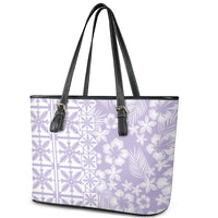 Pastel Purple Kahili Quilt Hawaii Leather Tote Bag Tropical Flower Seamless Half Style
