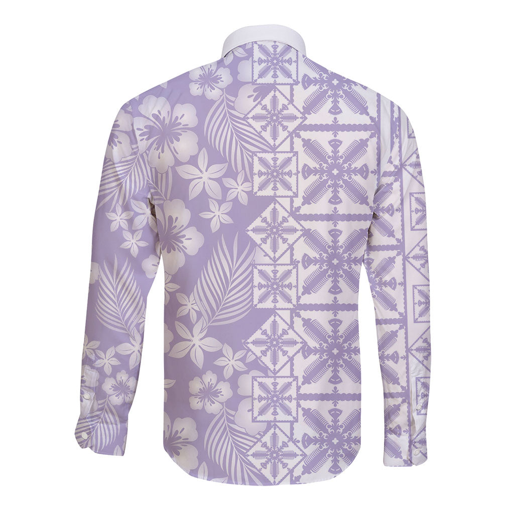 Pastel Purple Kahili Quilt Hawaii Long Sleeve Button Shirt Tropical Flower Seamless Half Style
